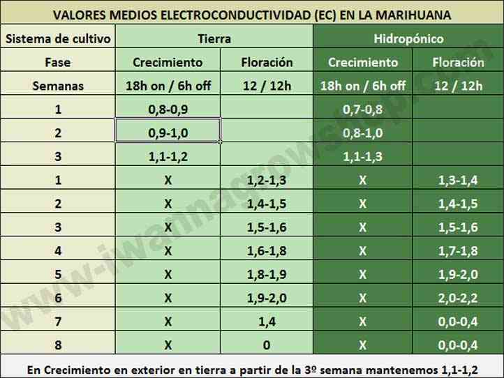 Valores medios de la Electroconductividad en la marihuana