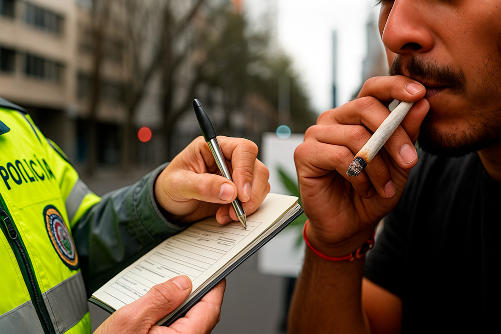 Agente de policía sancionando a un joven por fumar un porro en la calle en España