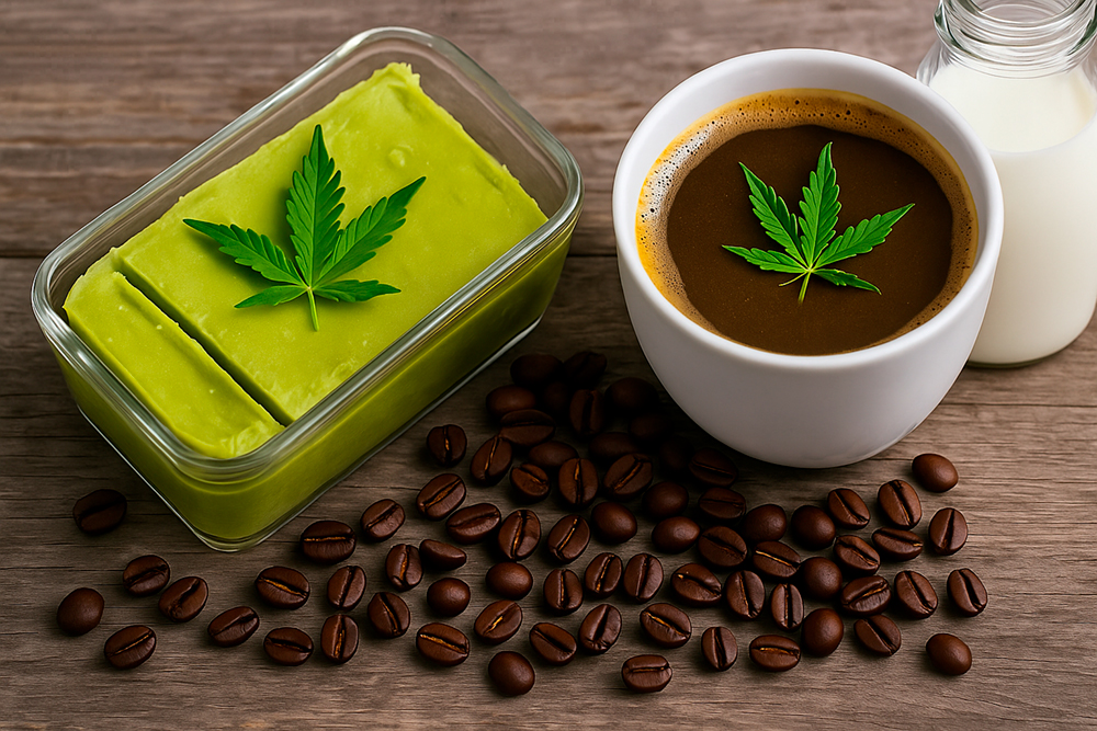 Taza de café con hoja de cannabis junto a bloque de mantequilla verde y frasco de leche