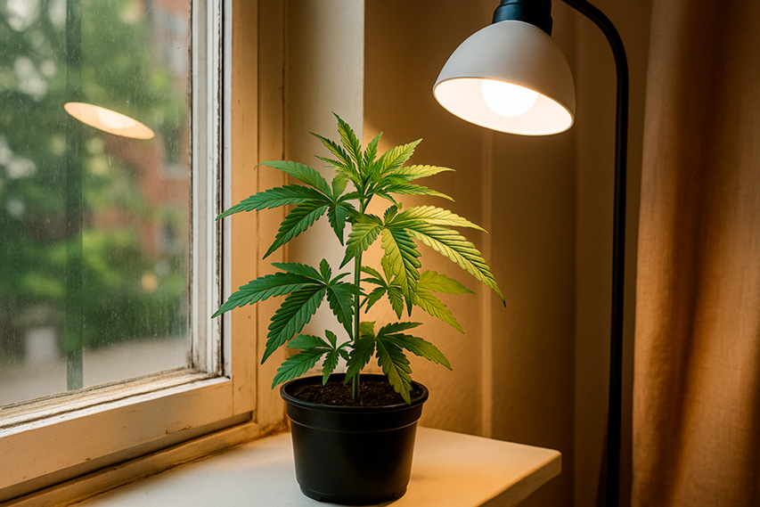 Cultivo casero de marihuana autofloreciente en interior con pocas horas de sol y luz LED doméstica complementaria