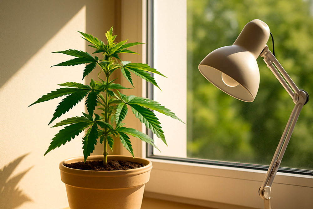 Planta de marihuana autofloreciente junto a una ventana recibiendo luz solar directa, con bombilla LED de apoyo en segundo plano