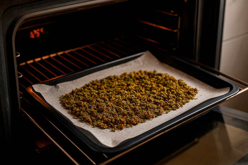 Horno precalentado con bandeja de cannabis triturado sobre papel para descarboxilar