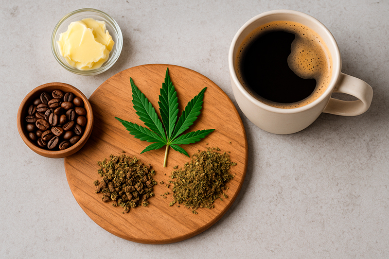 Ingredientes para preparar café cannábico: leche entera, cannabis triturado y mantequilla o aceite