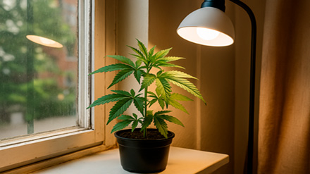 Marihuana autofloreciente cultivada en casa con luz solar directa desde una ventana y apoyo de bombilla LED doméstica