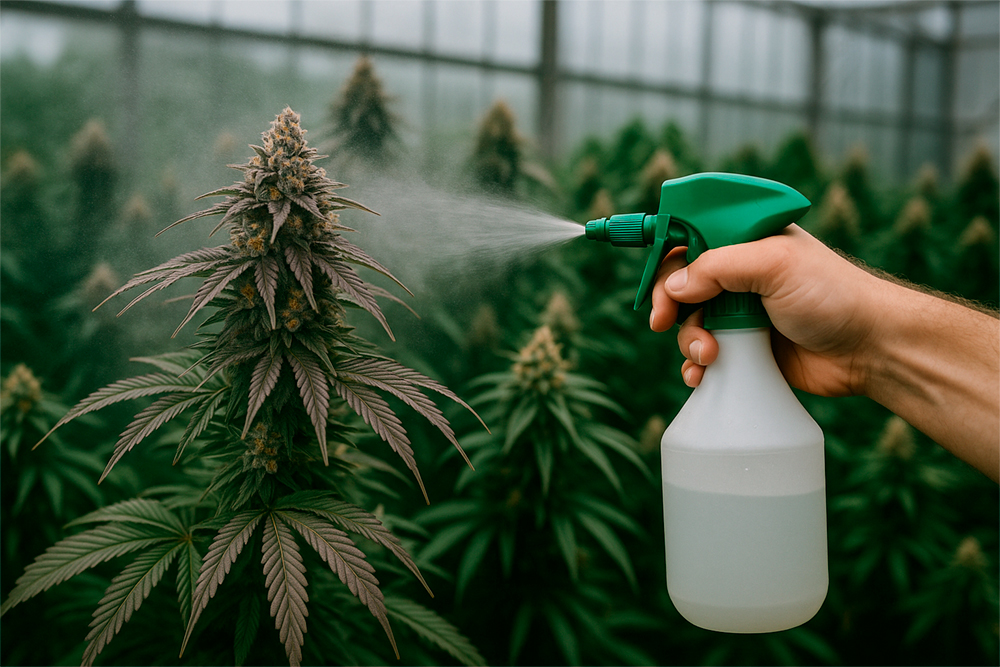 Fumigación de marihuana en floración con pulverizador en cultivo interior