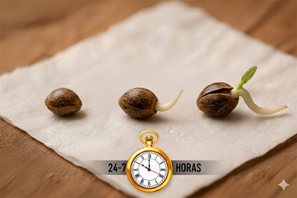 Tiempo de germinación de una semilla de marihuana con radícula emergiendo